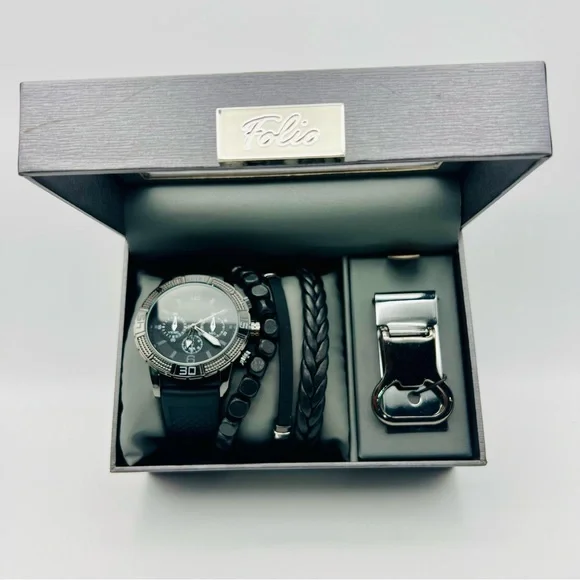 Folio Watch And Bracelet Set Folio Women's Three Hand Silver-Tone